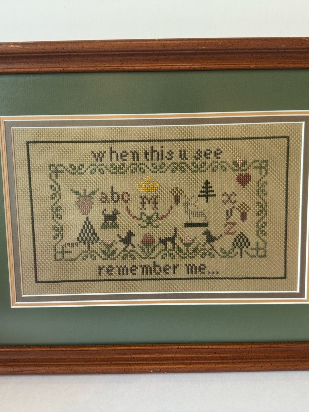 Vintage 1989 Hand Stitched Cross Stitch Sampler Framed Remember Me Folk Art